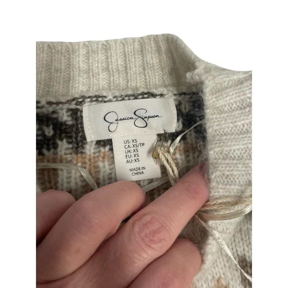 Jessica Simpson Snowflake Fair‎ Isle Knit Sweater Cozy Winter Cream Brown XS NWT